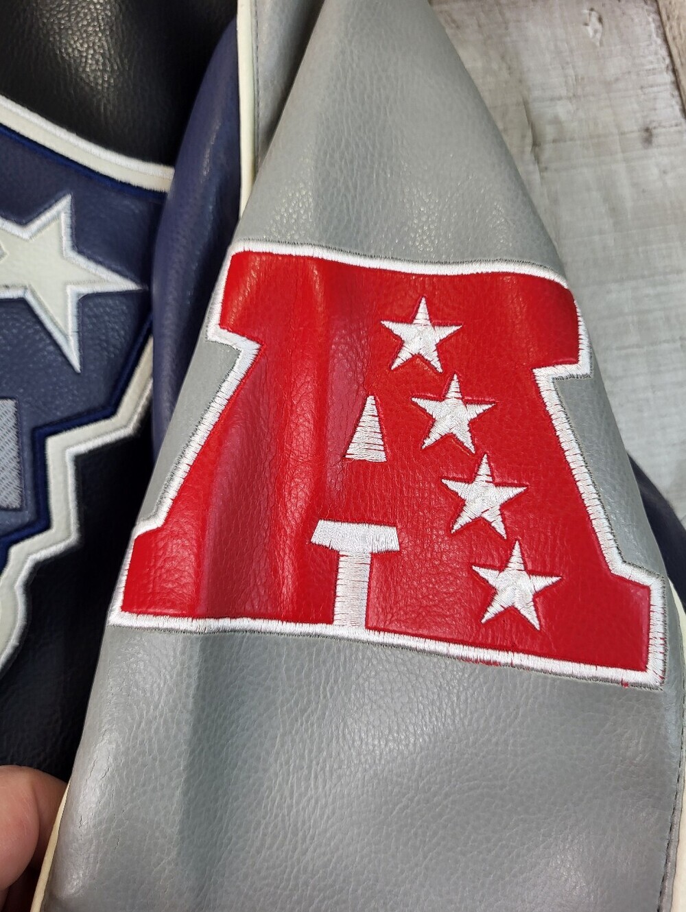 NFL Patriots Navy and Gray Leather Jacket. Faux Leather. Mens Large - Picture 10 of 16